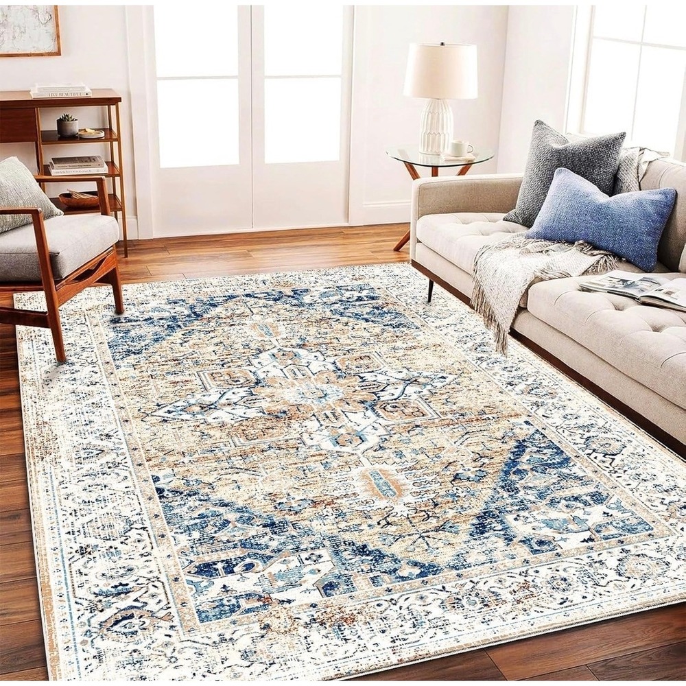 CHAMPLANT Washable Blue Area Rug 8x10 Boho Medallion Distressed Non-Slip